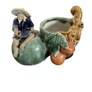 Vintage Shiwan‑Style Chinese Figural Planter Brush Pot • Elder Scholar & Fruit